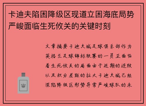 卡迪夫陷困降级区现道立困海底局势严峻面临生死攸关的关键时刻